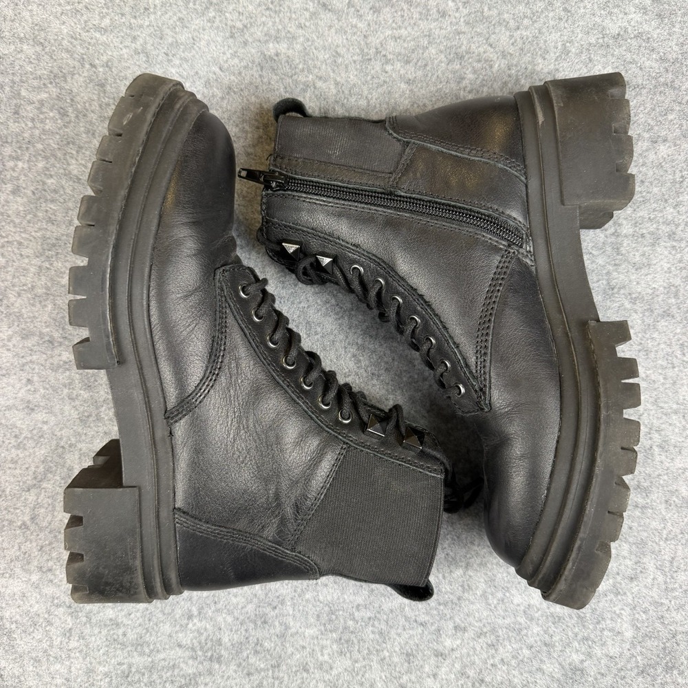 ALDO Black Leather Combat Boots Womens 6.5 Chunky Lug Sole Ankle Platform Zip